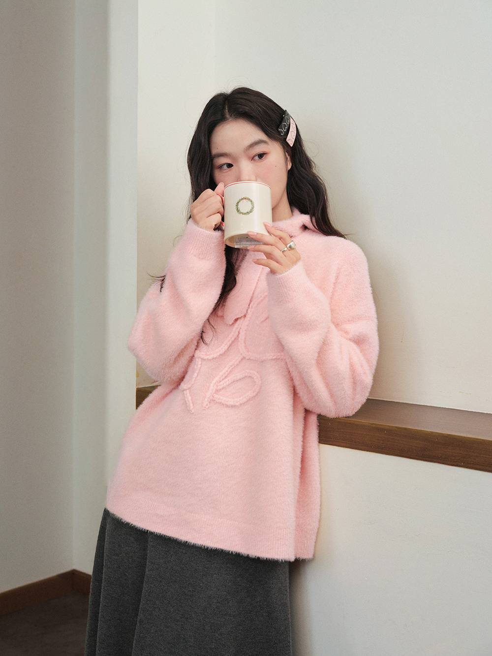 Neck Tie 3D Embroidered Sweater