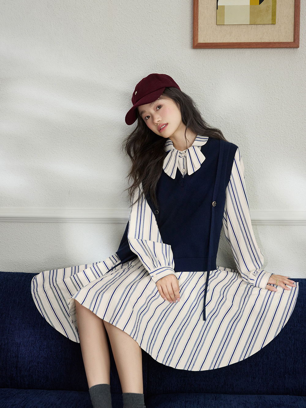 Vest and Striped Dress