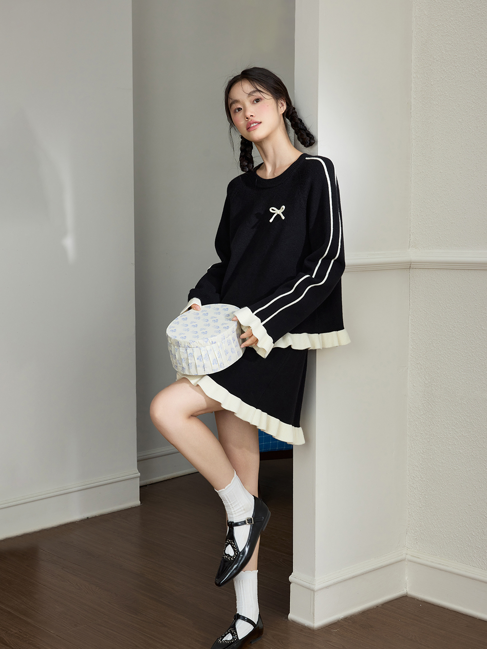 Contrast-Trim Sweater and Skirt