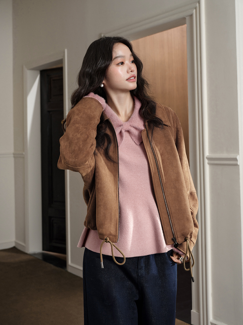 Bow Collar Ruffle Hem Sweater