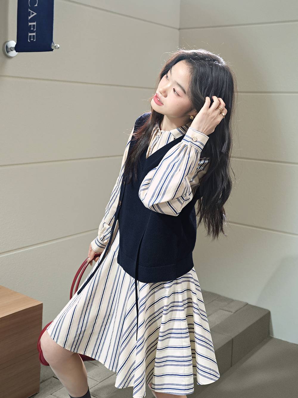 Vest and Striped Dress