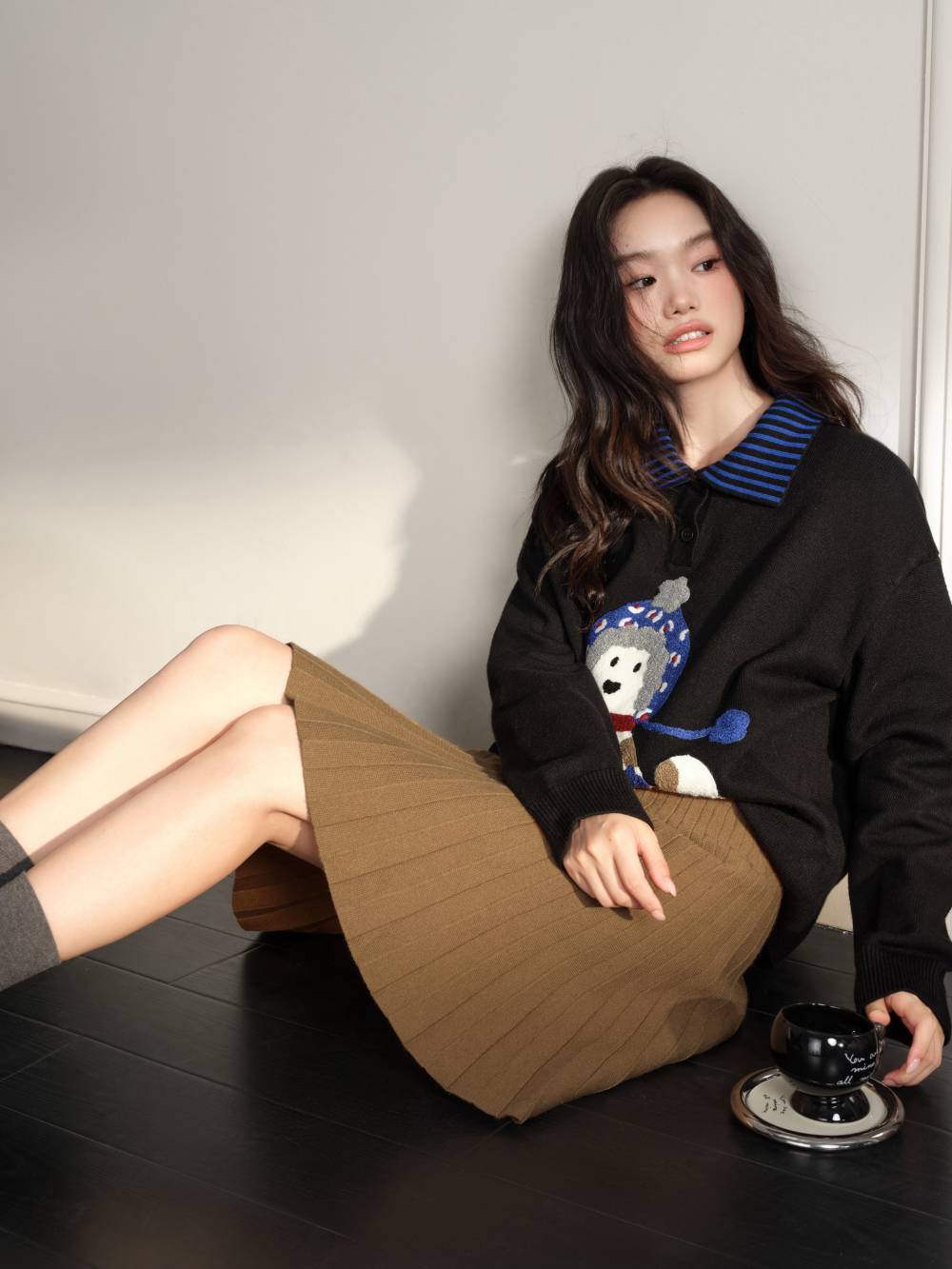 Striped Collar Dog Graphic Sweater