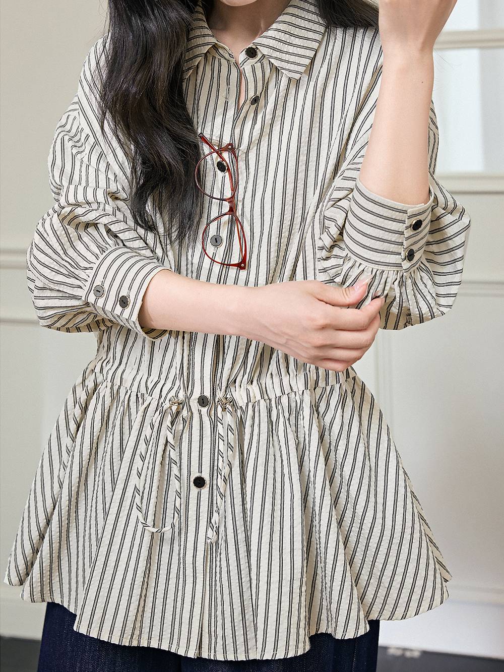 Striped Drawstring Waist Blouse