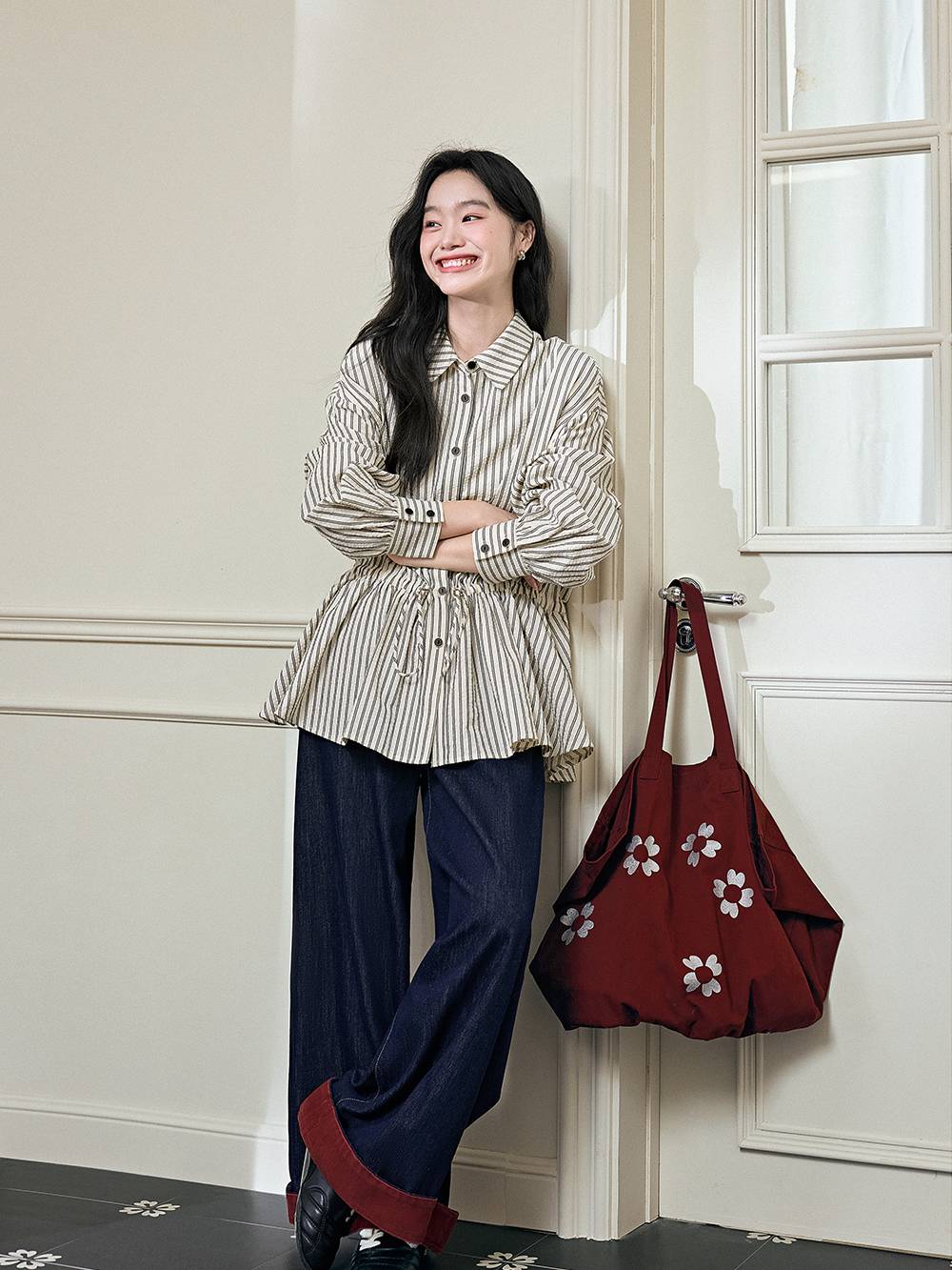 Striped Drawstring Waist Blouse