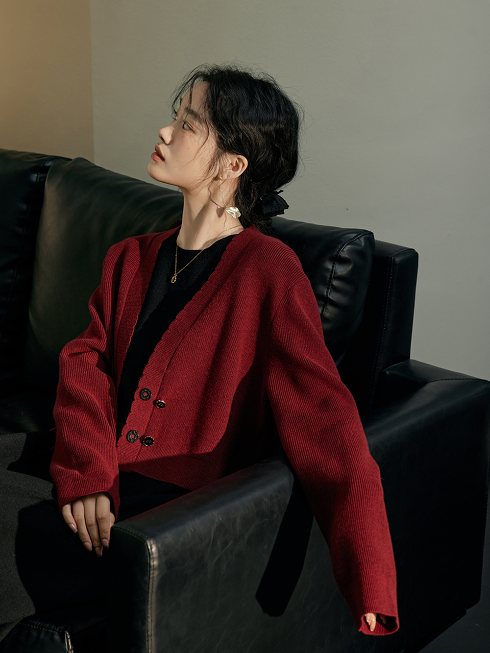 Red Cardigan and Black Dress