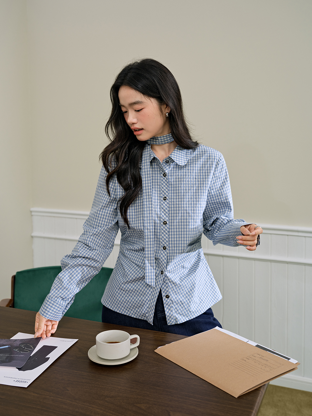 Plaid Bow Tie Blouse
