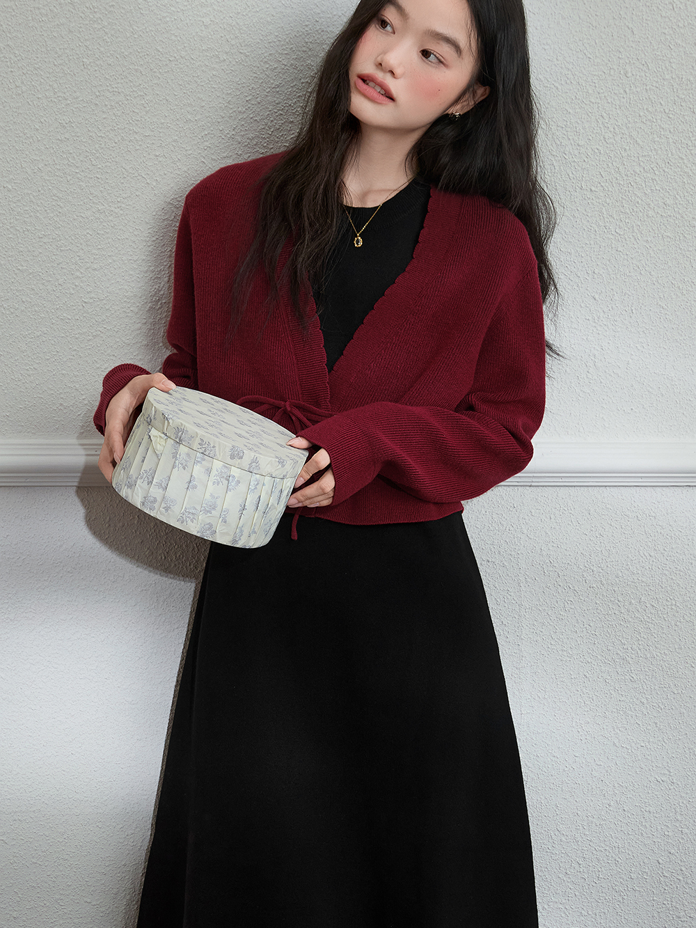 Red Cardigan and Black Dress