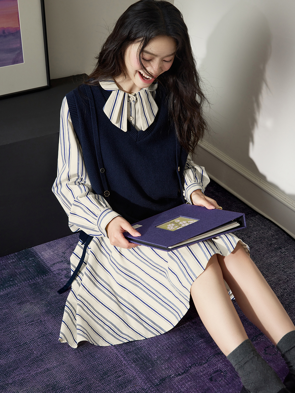 Vest and Striped Dress