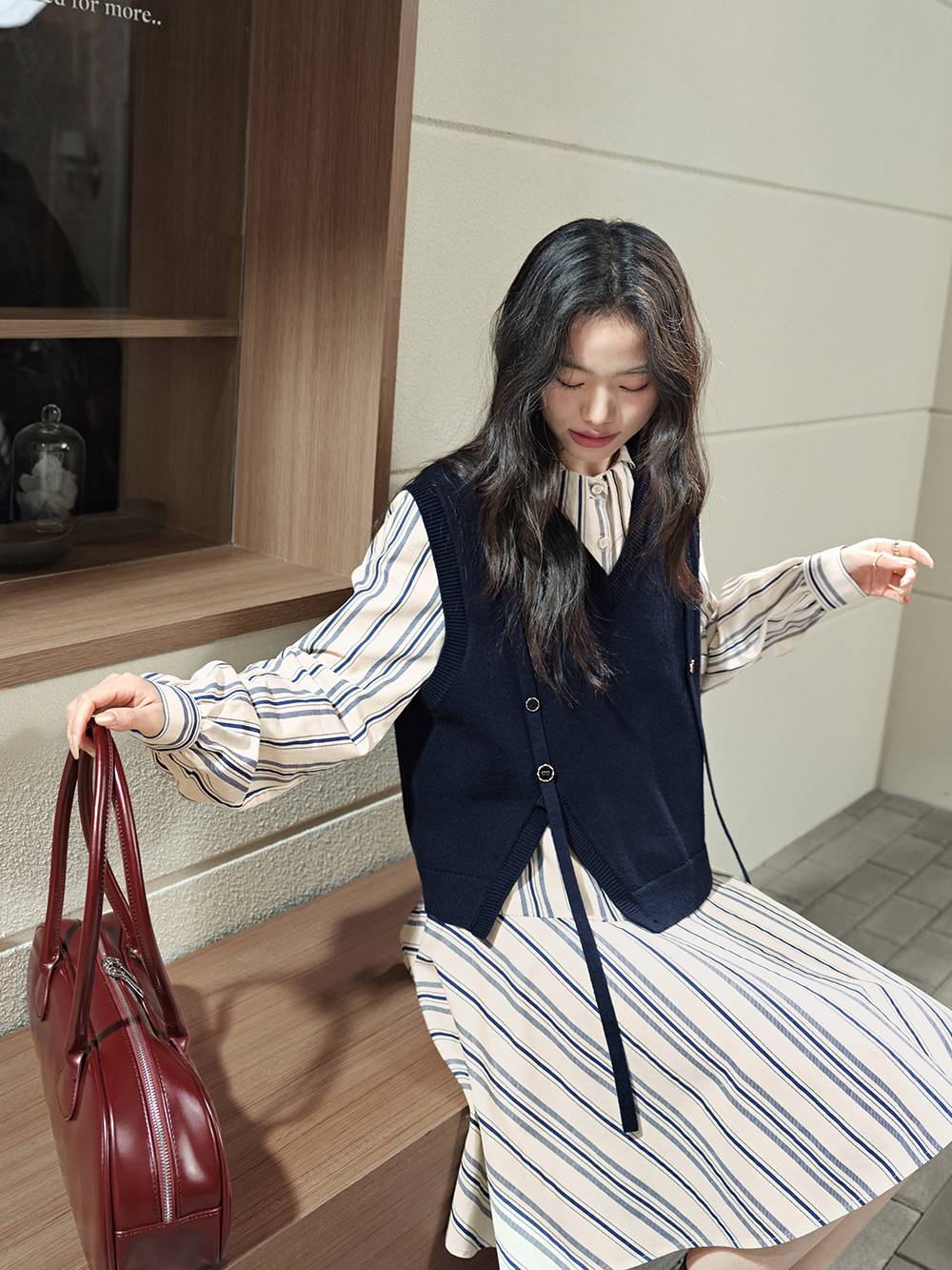 Vest and Striped Dress